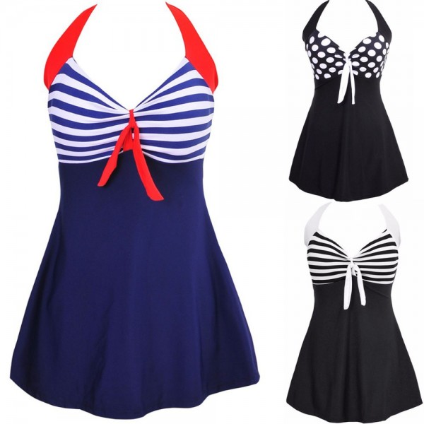 Sexy Plus Size Stripe Padded Halter Skirt Swimwear Women One Piece Suits Swimsuit Beachwear Bathing Suit Swimwear Dress M To 4XL