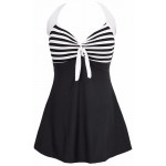 Sexy Plus Size Stripe Padded Halter Skirt Swimwear Women One Piece Suits Swimsuit Beachwear Bathing Suit Swimwear Dress M To 4XL