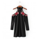 Sexy Red Rose Flower 3D Appliques Embroidery Off Shoulder Sheath Dress Vintage Woman Long sleeve Package Hips Dresses Black