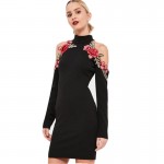 Sexy Red Rose Flower 3D Appliques Embroidery Off Shoulder Sheath Dress Vintage Woman Long sleeve Package Hips Dresses Black