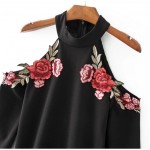 Sexy Red Rose Flower 3D Appliques Embroidery Off Shoulder Sheath Dress Vintage Woman Long sleeve Package Hips Dresses Black