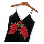 Sexy Red Rose Flower 3D Appliques Embroidery Spaghetti Strap Sheath Velvet Dress Vintage Woman Package Hips Dresses Black