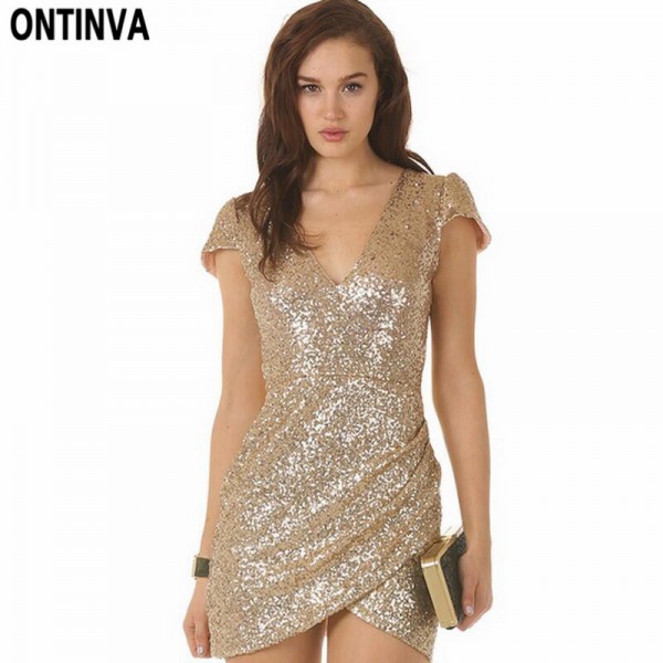 Sexy Sequin Dress Women Party Dresses Black Gold Vestidos De Fiesta Deep V Neck Bodycon Clubwear Novelty Woman Clothes 2017 