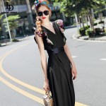 Sexy V-Neck Long Black Dress New Fashion Women High Quality Butterfly Sleeve flower Embroidered Party Dresses 