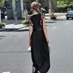 Sexy V-Neck Long Black Dress New Fashion Women High Quality Butterfly Sleeve flower Embroidered Party Dresses 