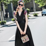 Sexy V-Neck Long Black Dress New Fashion Women High Quality Butterfly Sleeve flower Embroidered Party Dresses 