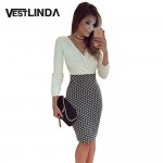 Sexy V Neck Long Sleeve Black and White Dress Pencil Women Formal Dresses for Work Party Women Tunic Midi Bodycon Office Dress