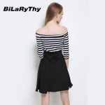 Sexy Women Black And White Striped Patchwork Slash Neck Off The Shoulder Three Quarter Mini Cute Autumn Dress