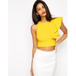 Sexy Women One Shoulder Ruffle Crop Top Round Neck Sleeveless Fitness Tank Top T-Shirt Croped Feminino Blusas Black/Yellow