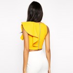 Sexy Women One Shoulder Ruffle Crop Top Round Neck Sleeveless Fitness Tank Top T-Shirt Croped Feminino Blusas Black/Yellow