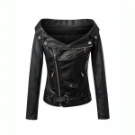 Sexy slash neck PU Faux leather Jackets Coats New women off shoulder slim zipper Outwear Black Full sleeve Motorcycle Jackets