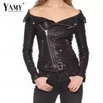 Sexy slash neck PU Faux leather Jackets Coats New women off shoulder slim zipper Outwear Black Full sleeve Motorcycle Jackets