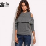 SheIn 2016 Autumn Fall Fashion T Shirt Women Tops Womens Clothing Grey Cold Shoulder Long Sleeve Ruffle Trim Casual T-shirt