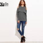 SheIn 2016 Autumn Fall Fashion T Shirt Women Tops Womens Clothing Grey Cold Shoulder Long Sleeve Ruffle Trim Casual T-shirt