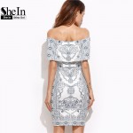 SheIn 2016 Dresses Women Autumn Party Dress White Vintage Print Foldover Off The Shoulder Ruffle Sexy Short Bodycon Dress