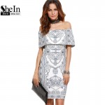 SheIn 2016 Dresses Women Autumn Party Dress White Vintage Print Foldover Off The Shoulder Ruffle Sexy Short Bodycon Dress