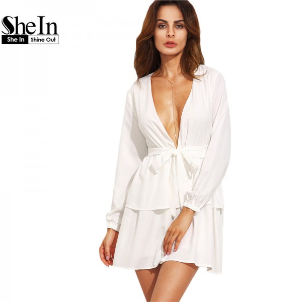 SheIn 2016 New Fashion Women Casual Dresses Plain Ivory Deep V Neck Self Tie Long Sleeve Tiered A Line Mini Dress