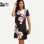 SheIn 2017 Summer Print Dress Casual Dresses For Women Ladies Multicolor Floral Short Sleeve Round Neck Straight Short Dress