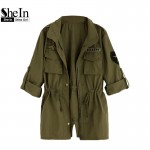 SheIn Army Green Printed Back Lapel Drawstring Waist Zipper Utility Coat Women Autumn Outerwear Classic Trench Coat