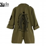 SheIn Army Green Printed Back Lapel Drawstring Waist Zipper Utility Coat Women Autumn Outerwear Classic Trench Coat