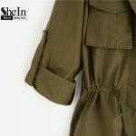 SheIn Army Green Printed Back Lapel Drawstring Waist Zipper Utility Coat Women Autumn Outerwear Classic Trench Coat