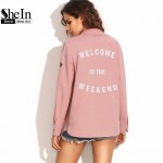 SheIn Autumn Basic Jackets For Women Pink Letter Print Lapel Long Sleeve Single Breasted Shirt Jacket With Badge Detail Outwear