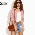 SheIn Autumn Basic Jackets For Women Pink Letter Print Lapel Long Sleeve Single Breasted Shirt Jacket With Badge Detail Outwear