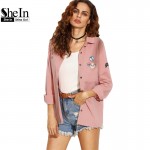 SheIn Autumn Basic Jackets For Women Pink Letter Print Lapel Long Sleeve Single Breasted Shirt Jacket With Badge Detail Outwear