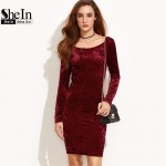 SheIn Autumn Burgundy Bodycon Dress Draped Back Velvet Womens Sexy Dresses Party Night Club Dress Long Sleeve Dress