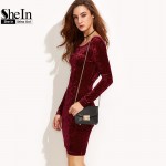 SheIn Autumn Burgundy Bodycon Dress Draped Back Velvet Womens Sexy Dresses Party Night Club Dress Long Sleeve Dress