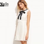 SheIn Autumn Dresses Women 2016 Ladies White Party Dresses Bow Tie Neck Sleeveless Elegant Frayed Trim Tweed Dress