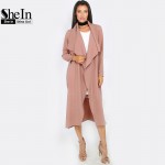 SheIn Autumn Womens New Fashion Coffee Lapel Long Sleeve Trench Coat Ladies Open Front Tie Waist Casual Long Outerwear Coats