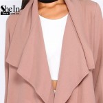 SheIn Autumn Womens New Fashion Coffee Lapel Long Sleeve Trench Coat Ladies Open Front Tie Waist Casual Long Outerwear Coats