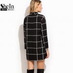 SheIn Black Grid Women Dresses Fall 2016 Ladies Office Wear Long Sleeve Dress Elegant Mock Neck Tunic Short Dress