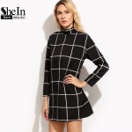 SheIn Black Grid Women Dresses Fall 2016 Ladies Office Wear Long Sleeve Dress Elegant Mock Neck Tunic Short Dress