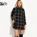 SheIn Black Grid Women Dresses Fall 2016 Ladies Office Wear Long Sleeve Dress Elegant Mock Neck Tunic Short Dress