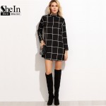 SheIn Black Grid Women Dresses Fall 2016 Ladies Office Wear Long Sleeve Dress Elegant Mock Neck Tunic Short Dress