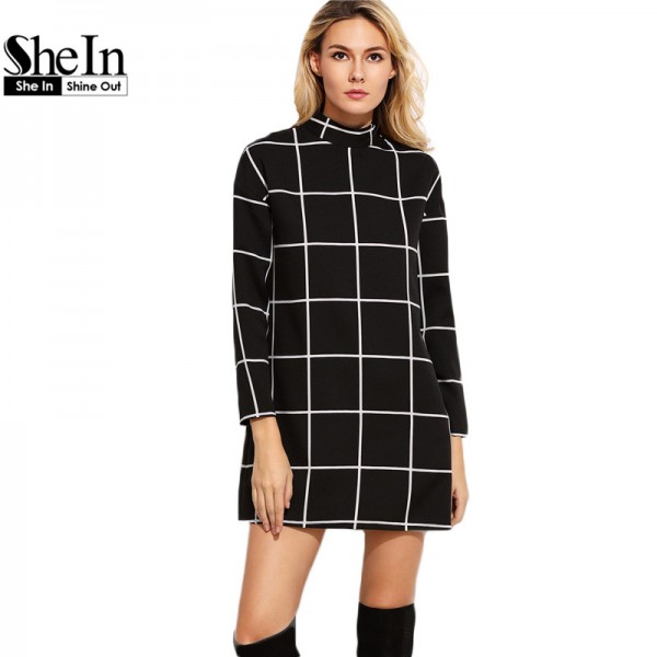 SheIn Black Grid Women Dresses Fall 2016 Ladies Office Wear Long Sleeve Dress Elegant Mock Neck Tunic Short Dress