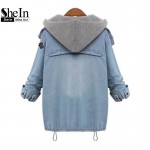 SheIn Blue Hooded Drawstring Boyfriend Trends Jean Swish Pockets Two Piece Outerwear Women Long Sleeve Buttons Coat