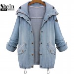 SheIn Blue Hooded Drawstring Boyfriend Trends Jean Swish Pockets Two Piece Outerwear Women Long Sleeve Buttons Coat