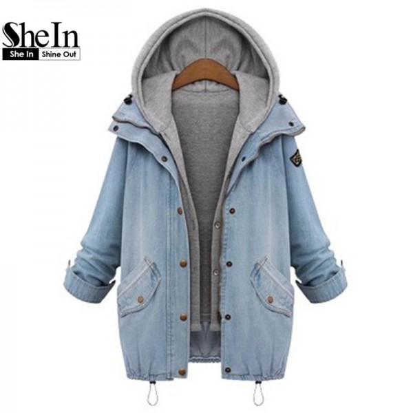 SheIn Blue Hooded Drawstring Boyfriend Trends Jean Swish Pockets Two Piece Outerwear Women Long Sleeve Buttons Coat