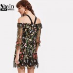 SheIn Boho Dress Summer 2017 Women Dress Black Cold Shoulder Three Quarter Length Sleeve Flower Embroidered Mesh Dress