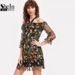 SheIn Boho Dress Summer 2017 Women Dress Black Cold Shoulder Three Quarter Length Sleeve Flower Embroidered Mesh Dress