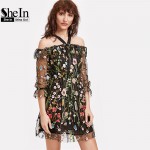 SheIn Boho Dress Summer 2017 Women Dress Black Cold Shoulder Three Quarter Length Sleeve Flower Embroidered Mesh Dress