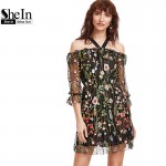 SheIn Boho Dress Summer 2017 Women Dress Black Cold Shoulder Three Quarter Length Sleeve Flower Embroidered Mesh Dress