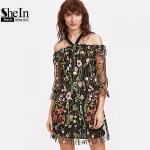 SheIn Boho Dress Summer 2017 Women Dress Black Cold Shoulder Three Quarter Length Sleeve Flower Embroidered Mesh Dress