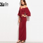 SheIn Burgundy Party Dresses Women Winter Autumn Off The Shoulder Sheath Elegant Ladies Sweetheart Belted Long Dress