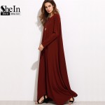 SheIn Burgundy Spring Long Sleeve Winter Dresses Women Dress 2016 Loose Asymmetrical Round Neck Shift Long Maxi Dress