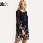 SheIn Casual Boho Autumn Dresses For Women Multicolor Round Neck Long Sleeve Floral Print Straight Chiffon Dress