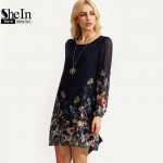 SheIn Casual Boho Autumn Dresses For Women Multicolor Round Neck Long Sleeve Floral Print Straight Chiffon Dress